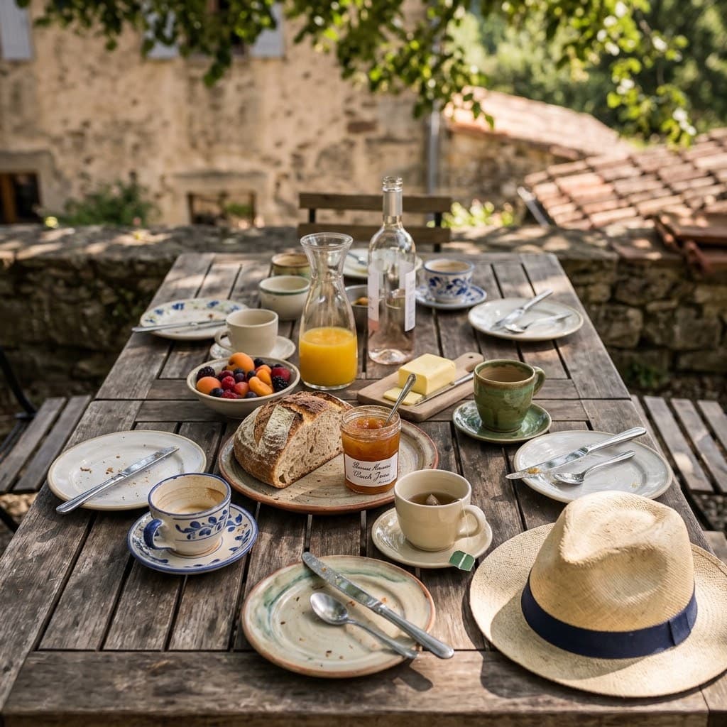 Table de petit-déjeuner sur une terrasse, avec un chapeau de paille